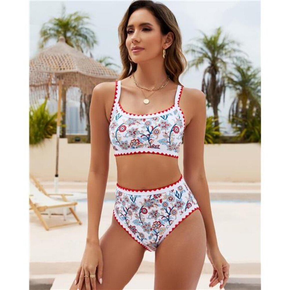 High Waisted Bikini Sets for Women Tummy Control Swimsuit Floral Full Coverage - Picture 2 of 8